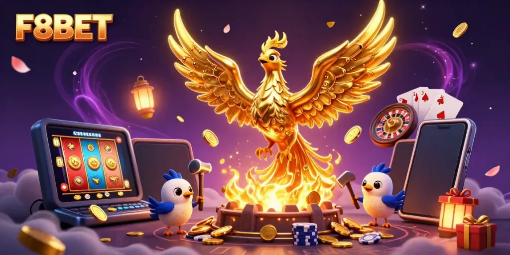 Engage with F8BET as a molten metal phoenix offers a vibrant gaming experience with thrilling casino elements.