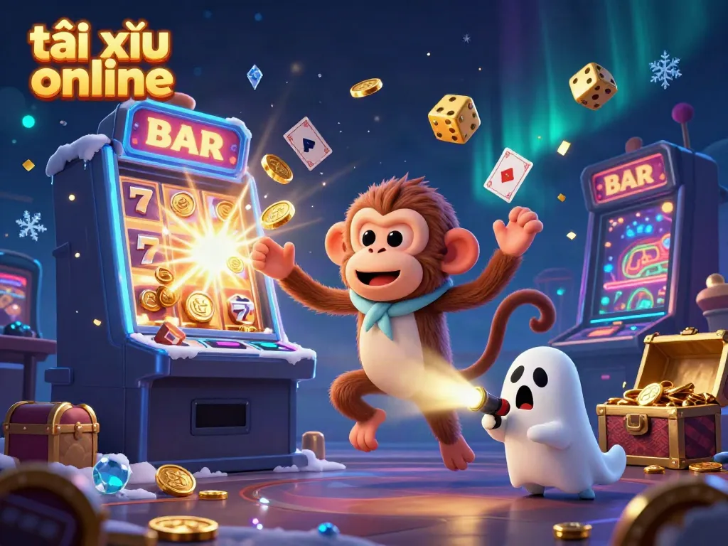 Experience tài xỉu online thrills with a ghost-hunter puppy and a mischievous monkey in an engaging casino scene.