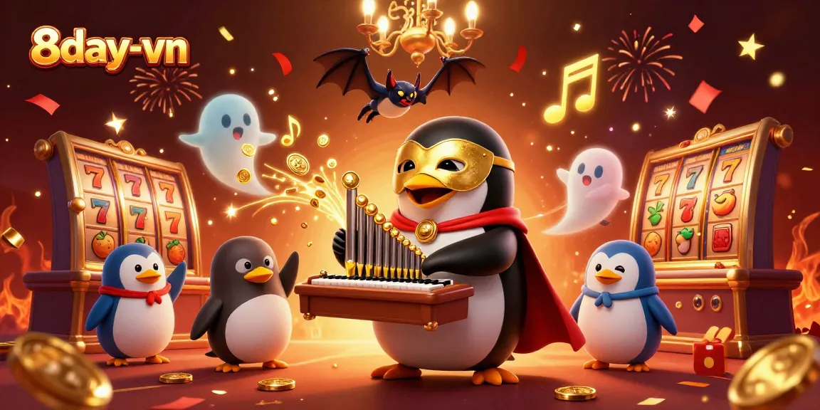 Experience the excitement at 8day-vn as a penguin plays a golden organ, unleashing coins in a vibrant casino