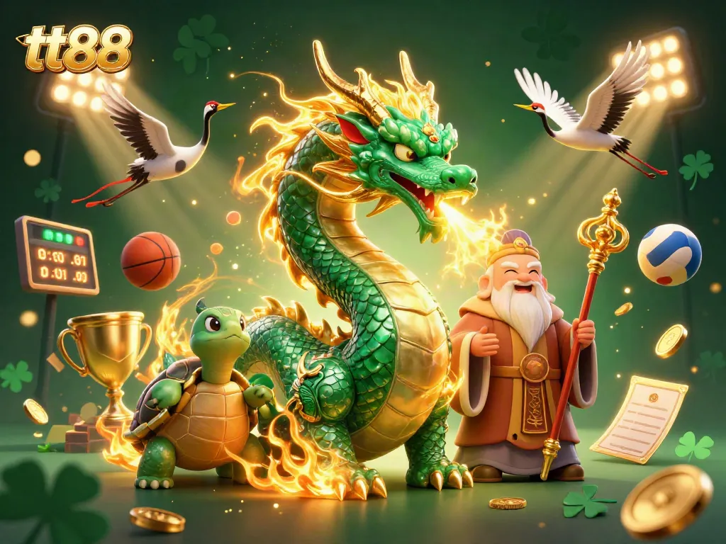 Engage with the thrilling world of tt88 through a mesmerizing scene featuring a jade dragon, wise turtle, and sports elements.