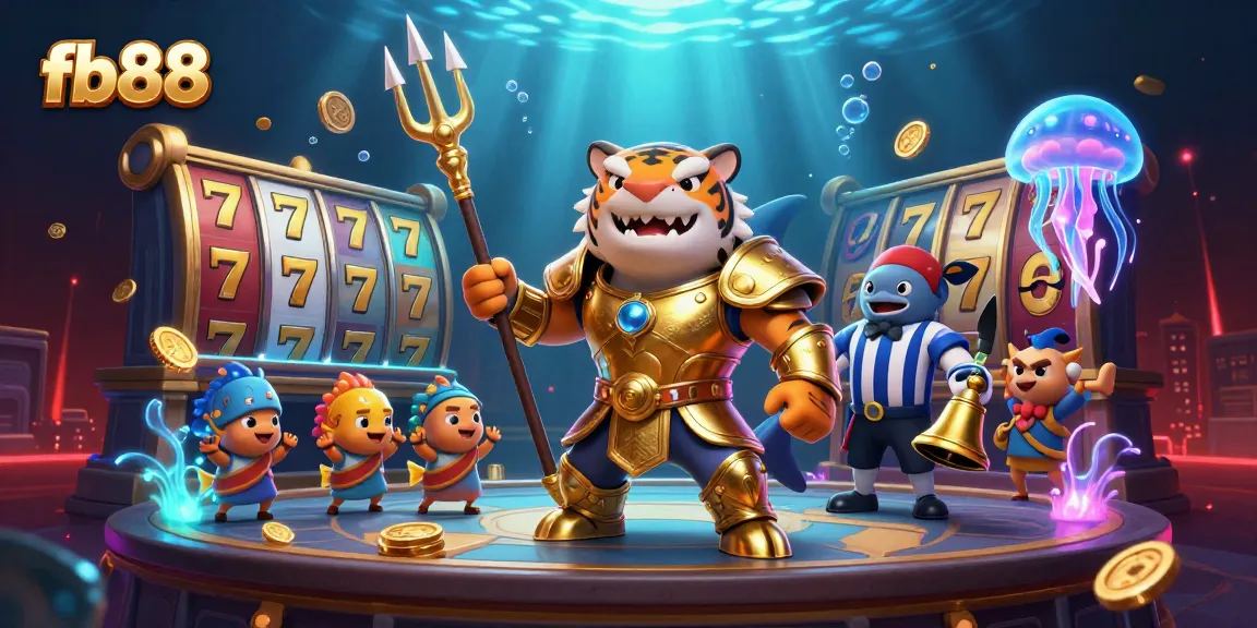 Engage with fb88 in an action-packed scene featuring a golden gladiator shark amidst vibrant casino elements.