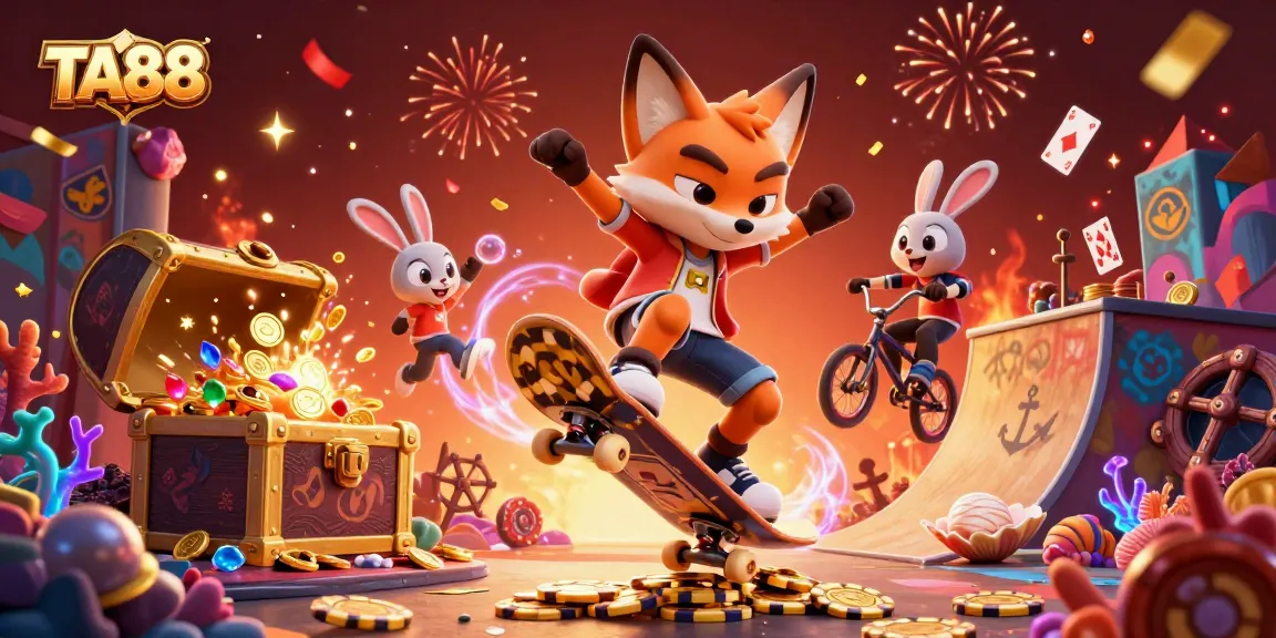 Experience excitement with TA88 as animated characters perform tricks in a vibrant casino-themed scene.