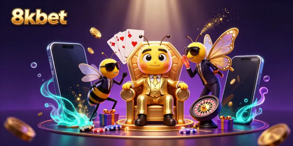 Experience the vibrant world of 8xbet with immersive casino elements and a magical bumblebee boss scene.