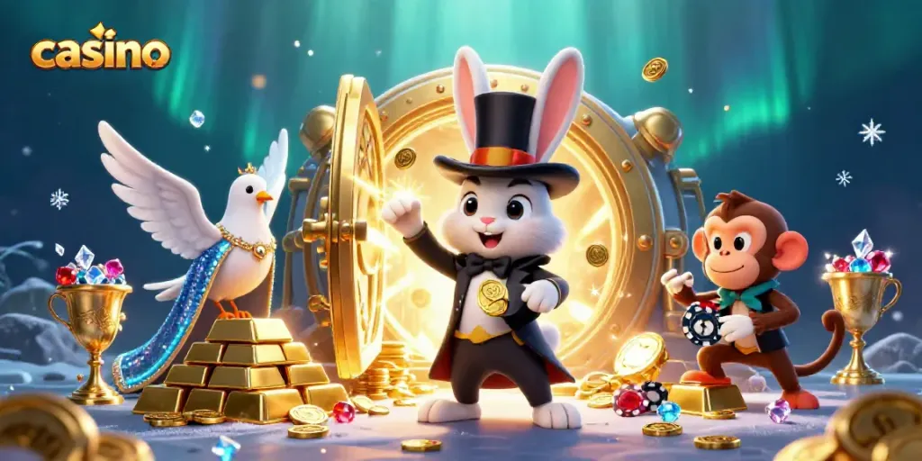 Winning players at a casino table as a magician rabbit reveals treasure and surprises.