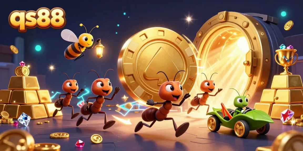 Engage with qs88 in a thrilling 3D heist featuring ants carrying a giant poker chip amidst a treasure vault.