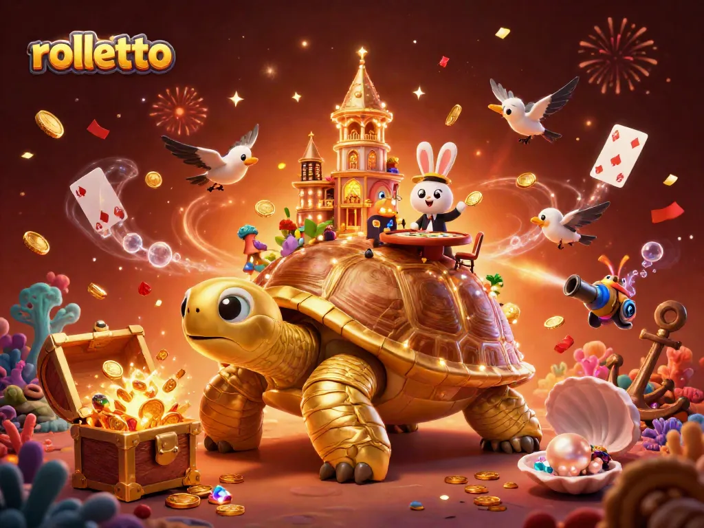 Join the fun at Rolletto's vibrant casino experience with golden tortoise and rabbit dealer!