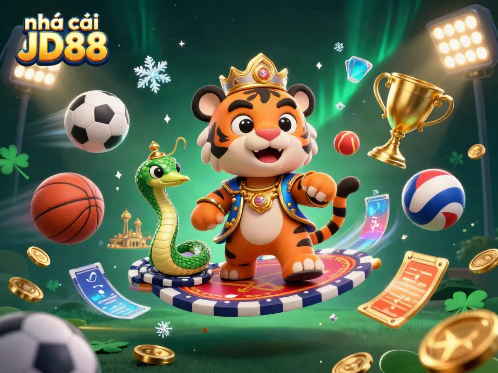 Engaging scene of nhà cái JD88 featuring a tiger sultan and sports elements, enhancing gaming excitement.