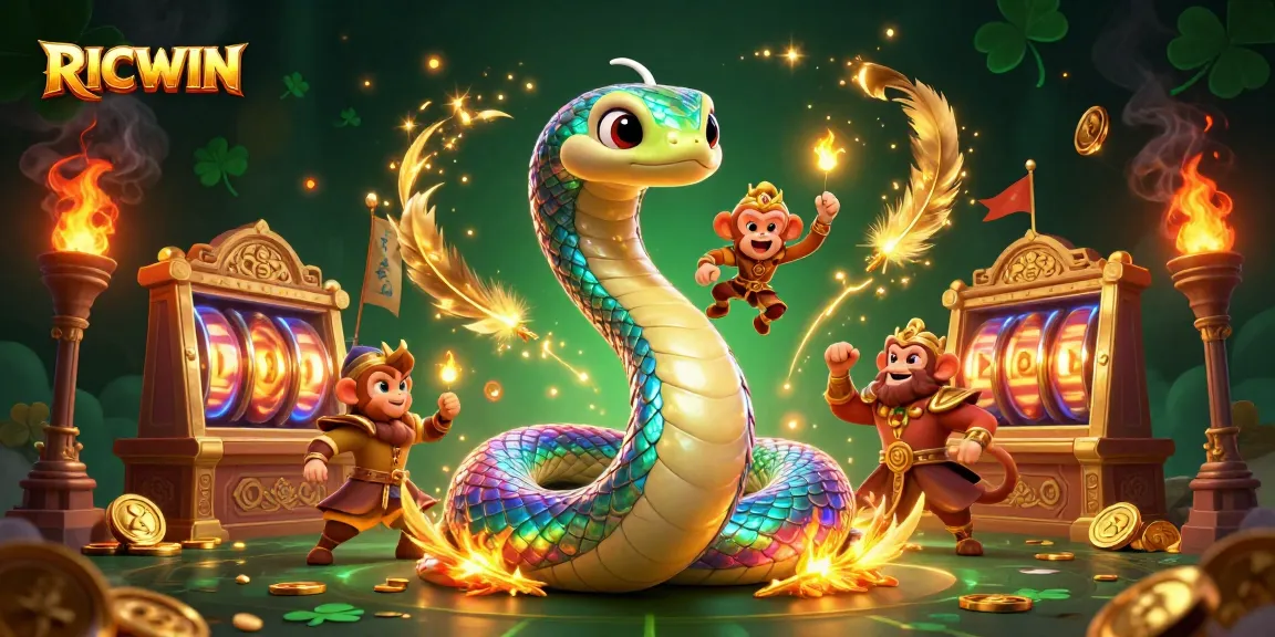 Experience the magic of RICWIN in this vibrant 3D illustration filled with slot machines and playful characters.