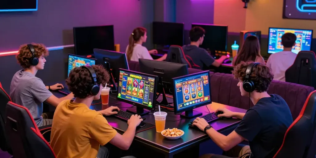 Group playing rokok88 slot in a vibrant gaming lounge with snacks and LED lights