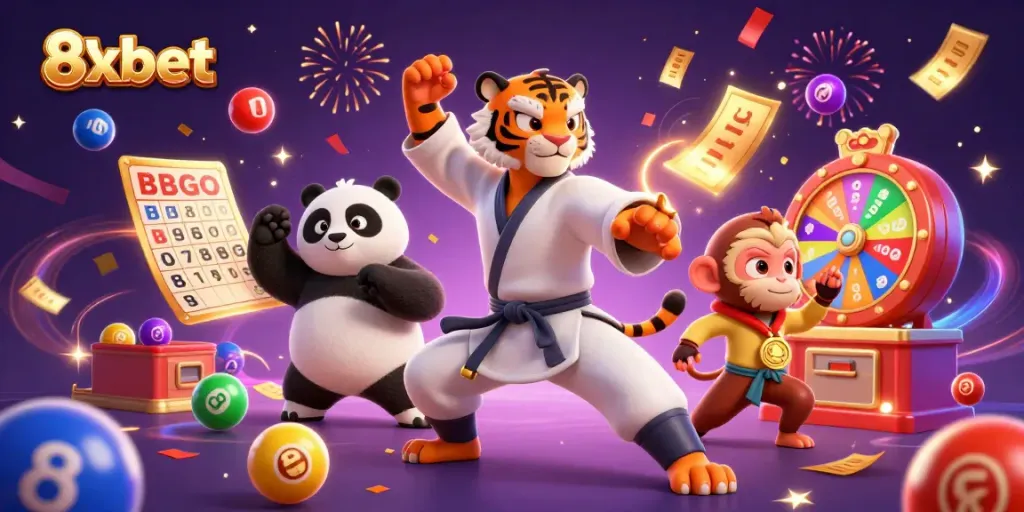 Experience thrilling games at 8xbet with vibrant illustrated characters celebrating a jackpot win.