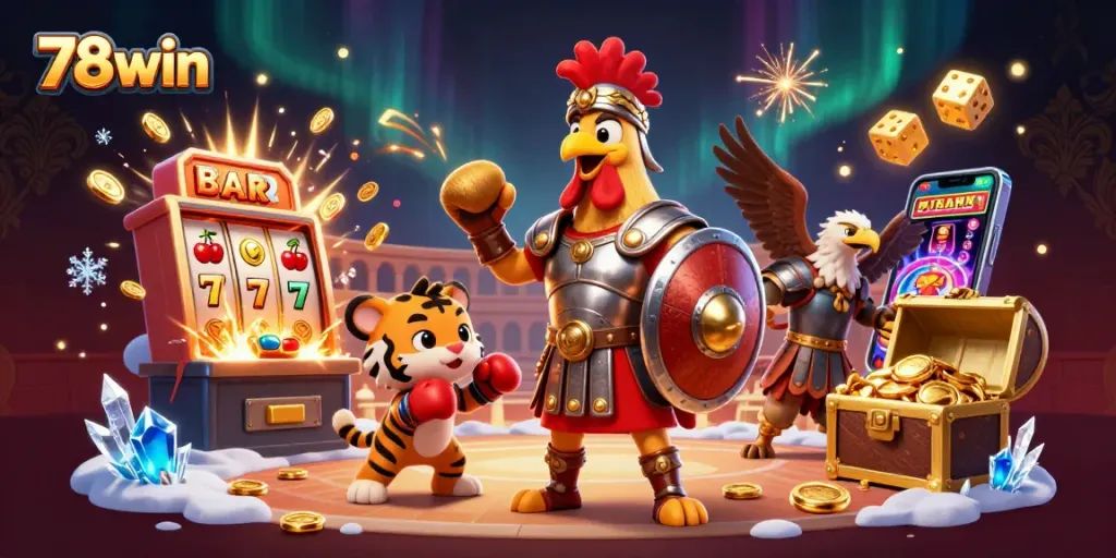 Engage with the exciting world of 78win, where a gladiator rooster and a tiger cub embody the spirit of the casino!