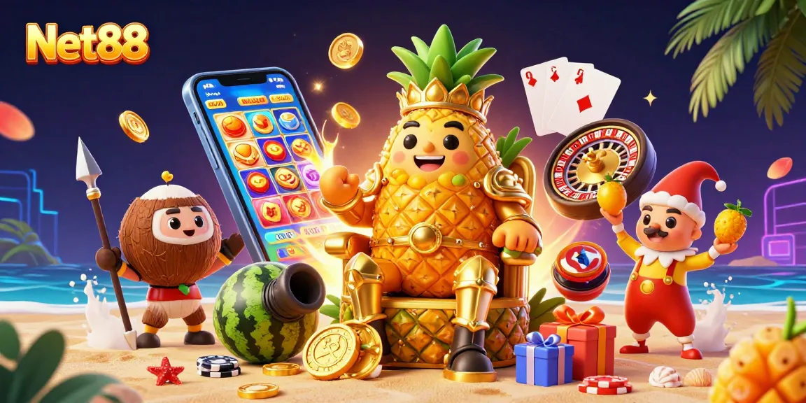 Experience Net88's vibrant casino scene with a golden pineapple king and lively gaming elements.