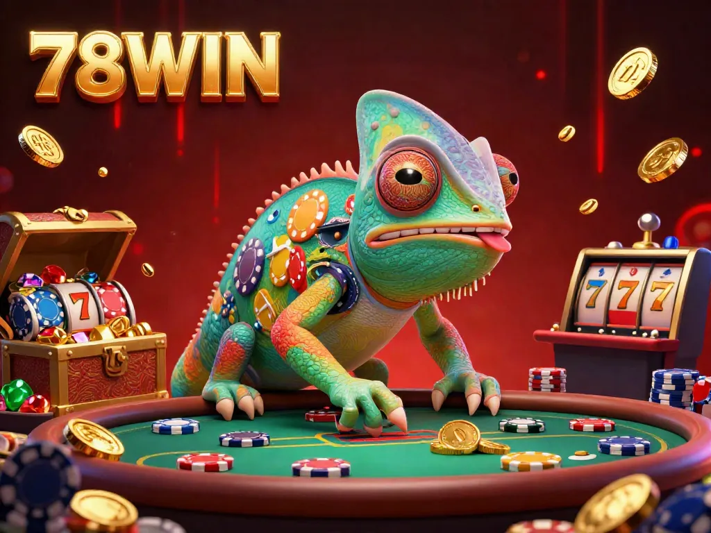 Experience the vibrant casino world with the 78WIN chameleon owner amidst gold coins and slot reels.