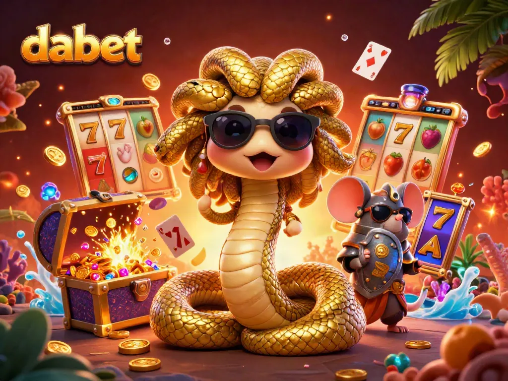 Dabet themed illustration featuring slot reels, golden coins, and Medusa, capturing casino excitement.
