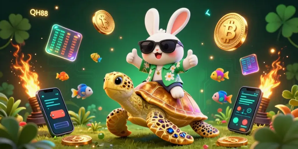 Experience the vibrant excitement of QH88 with our lucky rabbit and golden sea turtle illustration.