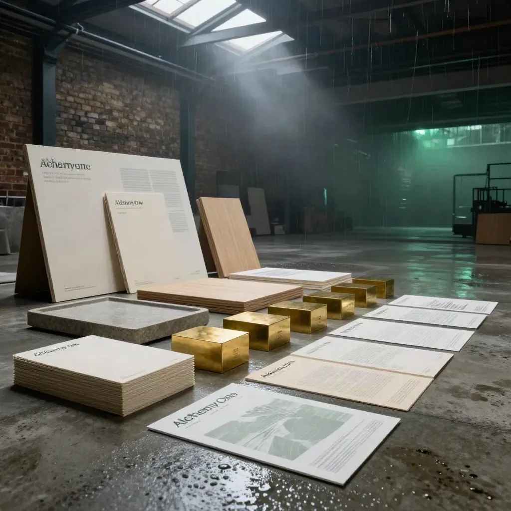 Alchemy One warehouse studio tableau with sample boards, brass blocks and oak plinths in rain-lit haze