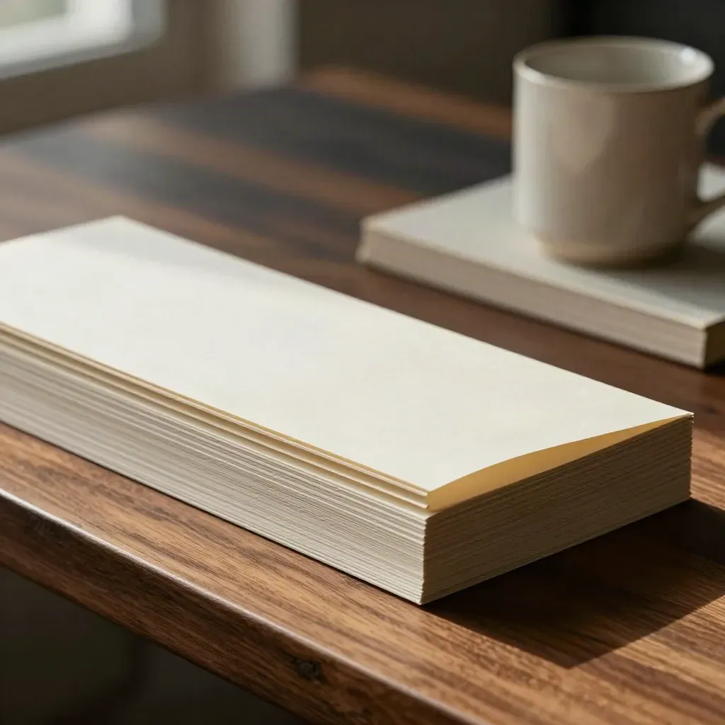 Ivory website page panels and a proof stack settle beside a cream mug on warm walnut.