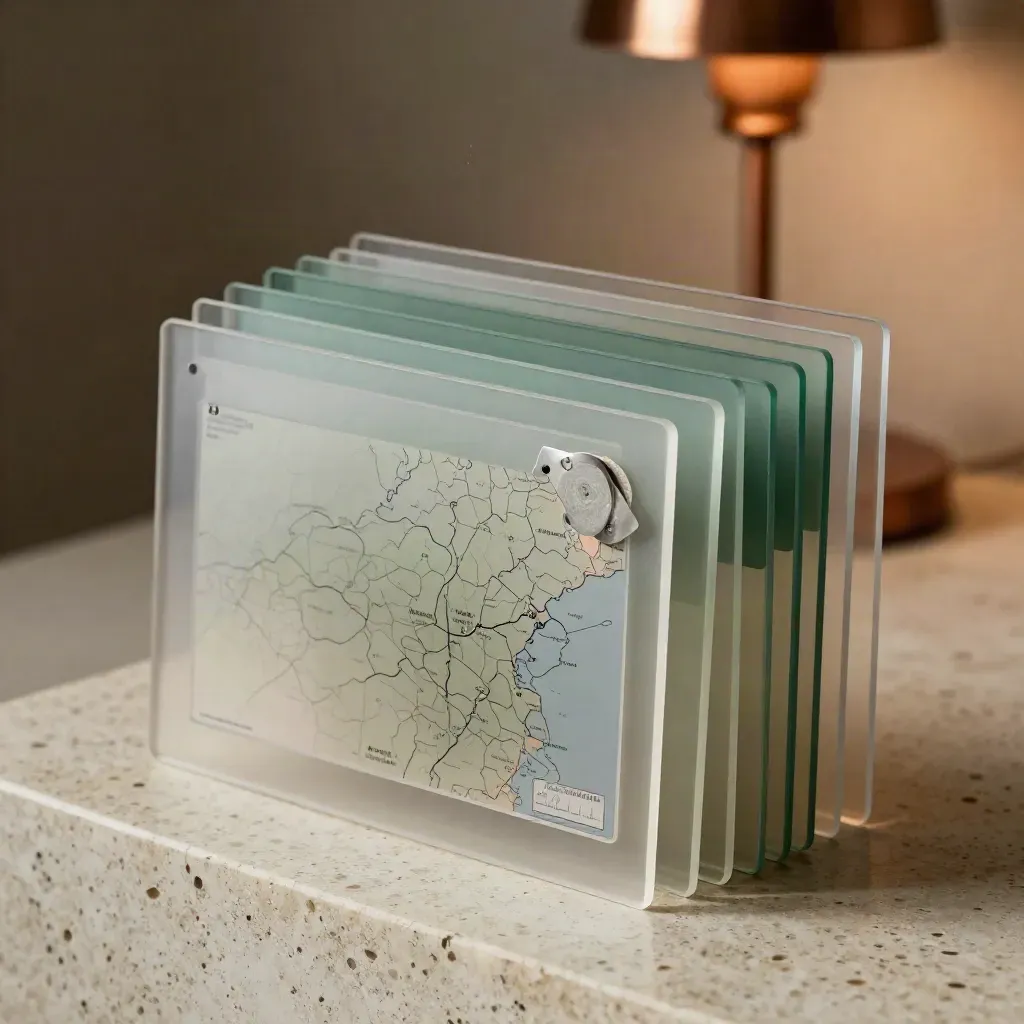 Translucent acetate message map with tabs and stone paperweight on travertine