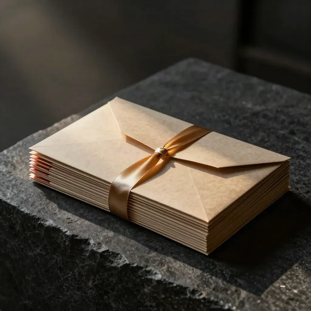 Folded launch postcards and a ribbon-tied press kit on dark stone with dramatic gold-raked light.