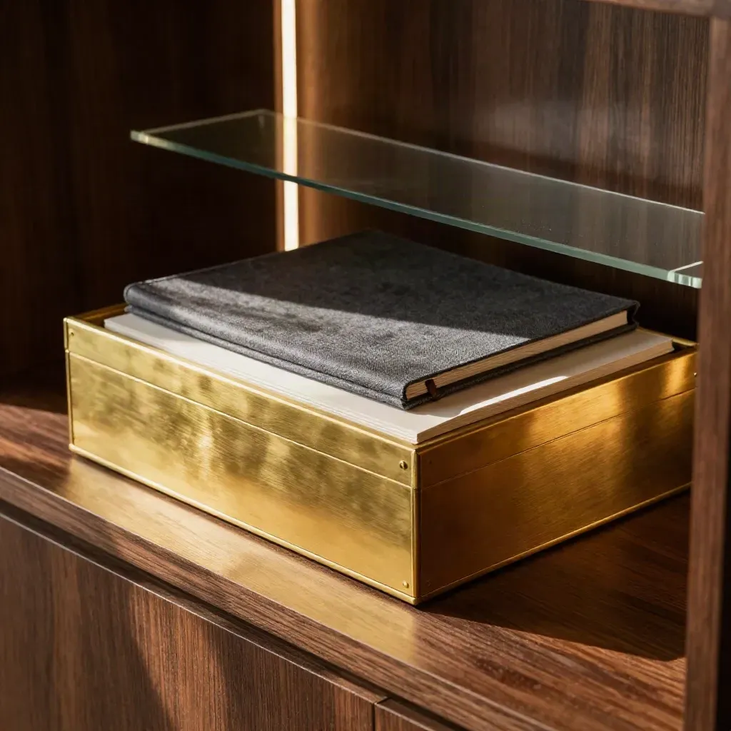 Brass deck box in a polished presentation nook with glowing light bars and dark wood.