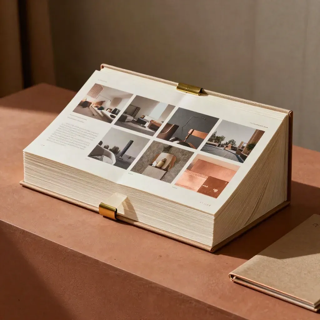 Sculptural pitch deck in a linen box on travertine, lit by soft window light.