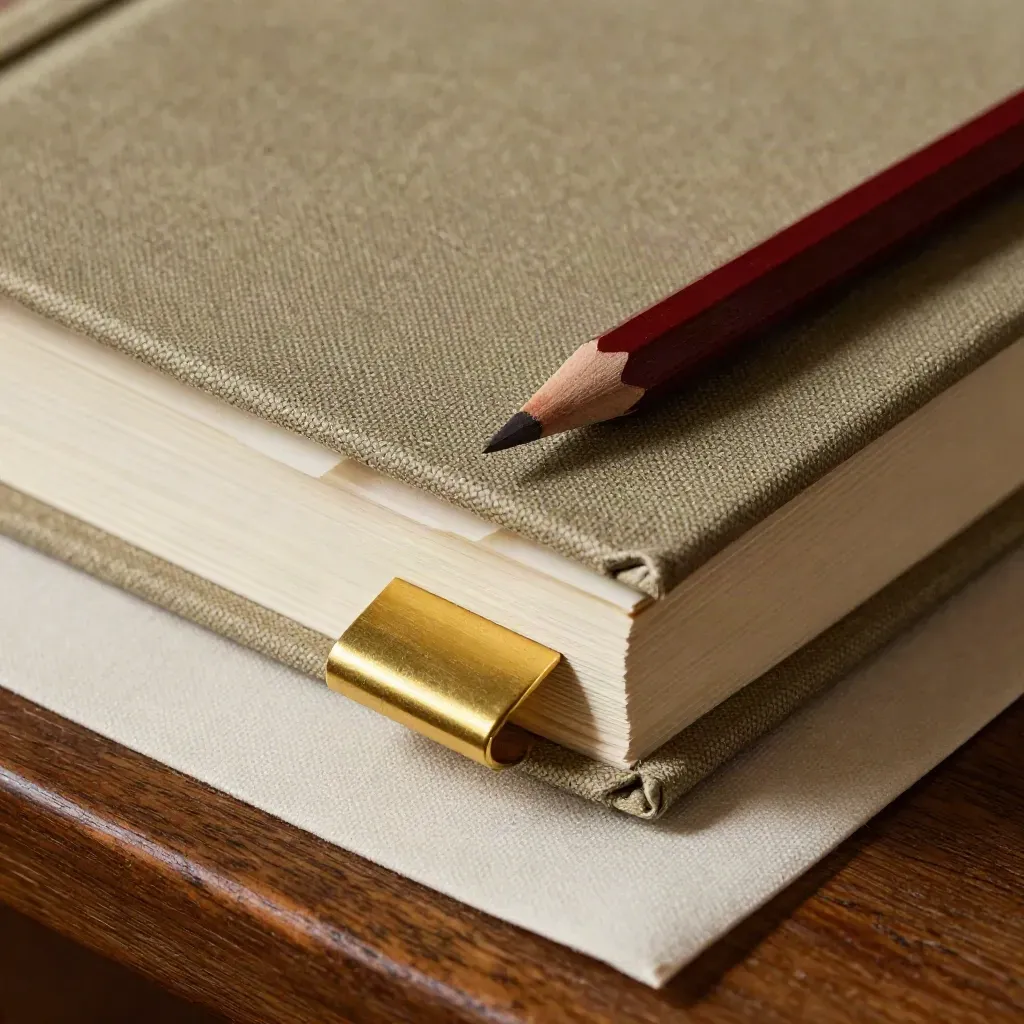 Close-up of a thesaurus with tabs, brass bookmark and red pencil on oak