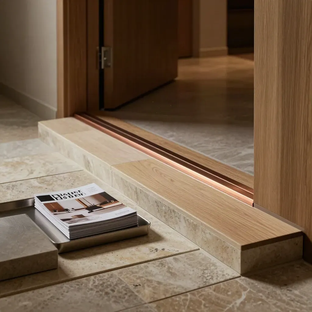 Show-home entrance with oak samples, stone tiles and brochures in a tray, lit dramatically.