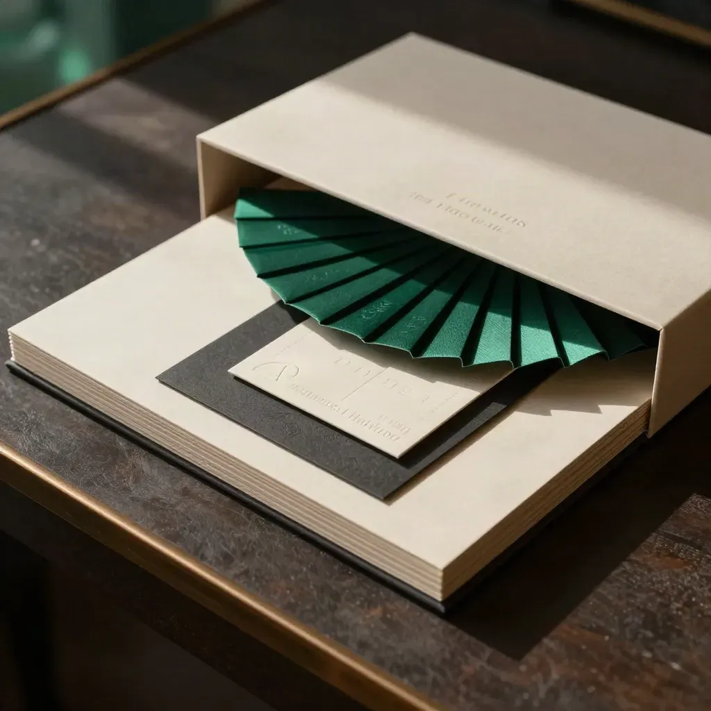 Overhead of an open brand launch box with identity cards, sleeves, and an emerald ribbon fan.