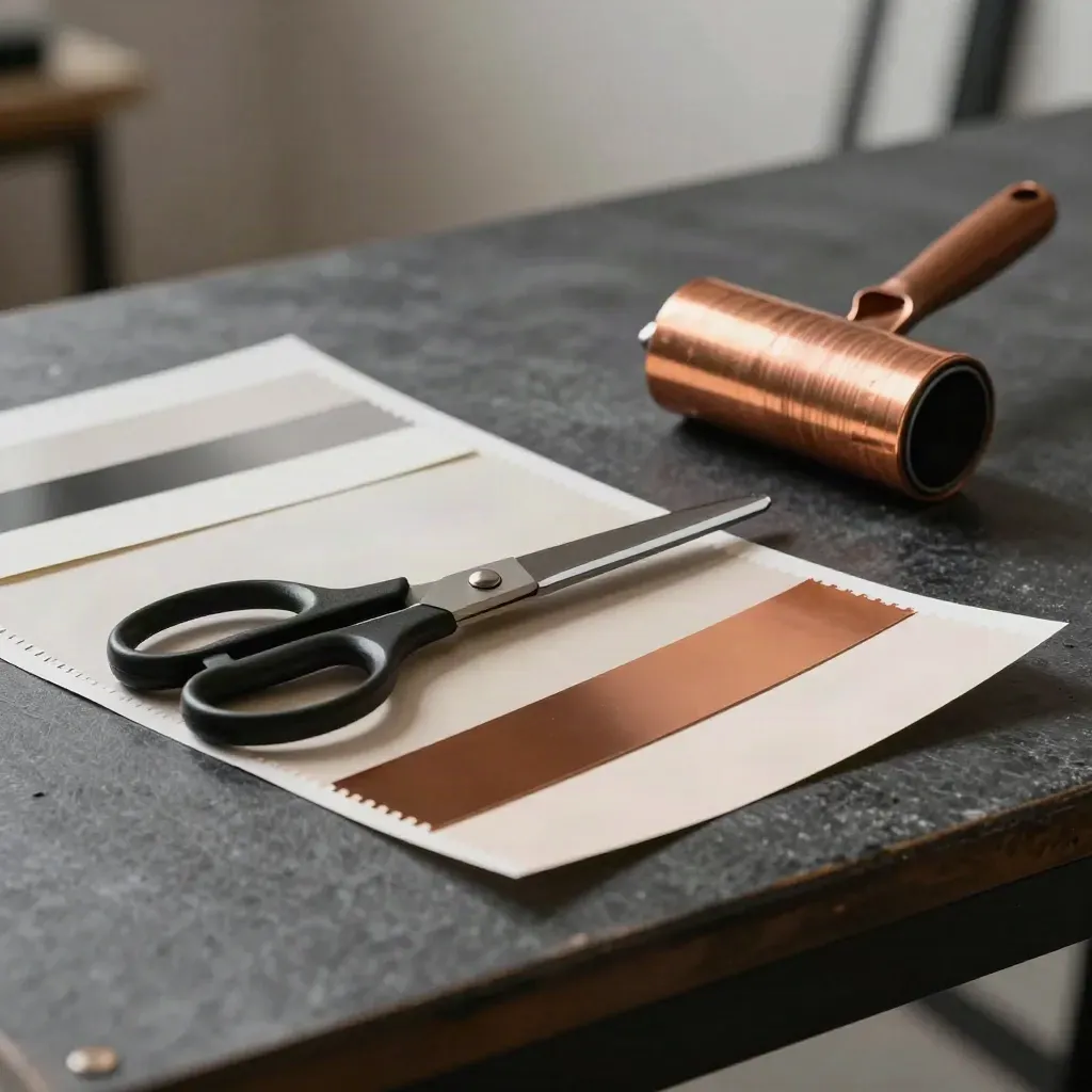 Scissors, adhesive roller and paper sample strips on a graphite board in a dark studio