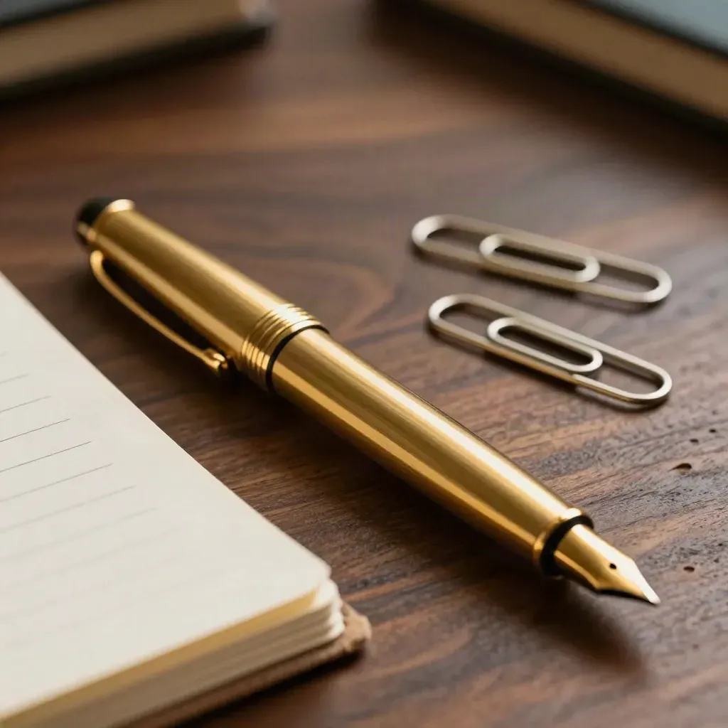 Brass pen, closed notebook, and paper clips on walnut in macro detail.