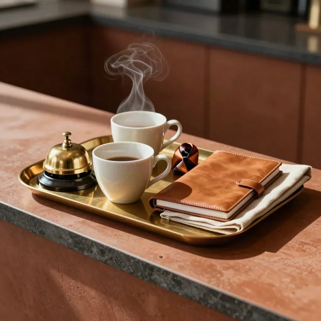 Steam rises from a client welcome tray with coffee cups, brass bell, contact book and parcel tie.