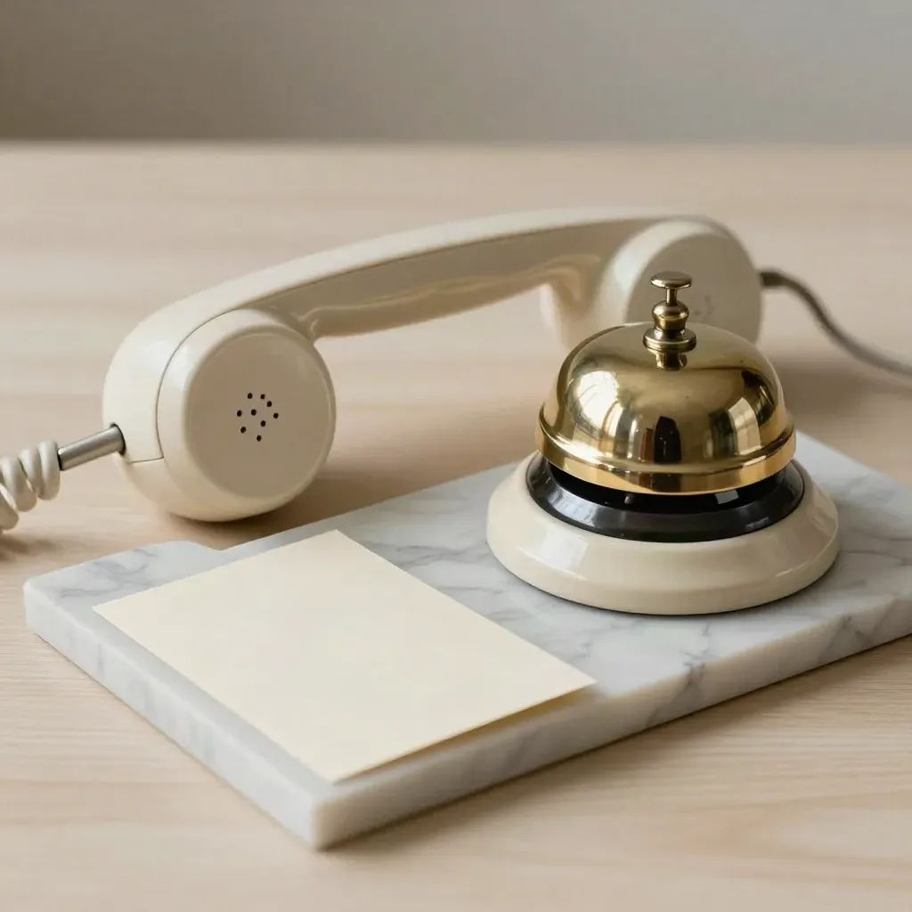 Vintage handset, brass desk bell, and cream appointment card in a marble tray.
