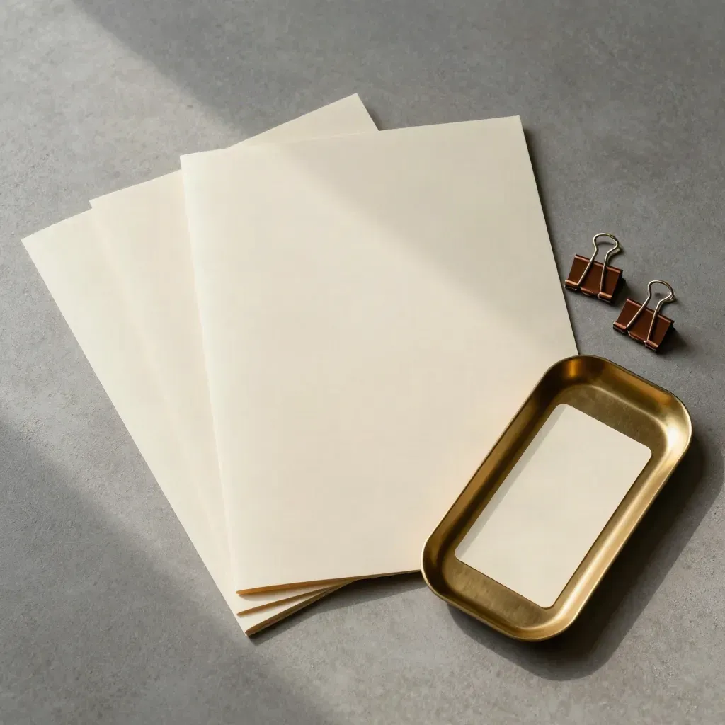 Overhead flatlay of blank folders, binder clips, and a brass tray on concrete.