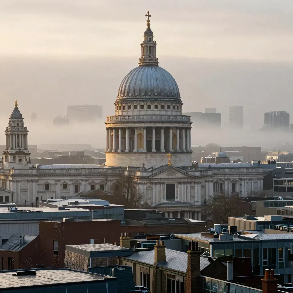 St Paul’s dome above misty wet rooftops and the Thames at dawn after rain