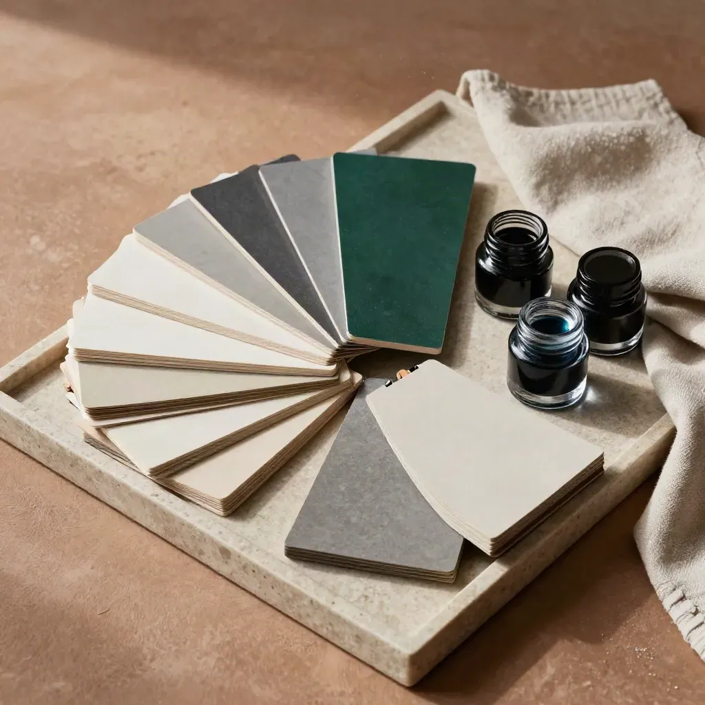 Swatch fan, cut sample boards, and ink jars arranged on a stone tray with a linen cloth