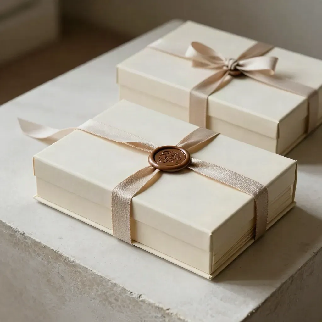 Ivory presentation box with wax seal, ribbon, and sample cards on soft plaster.