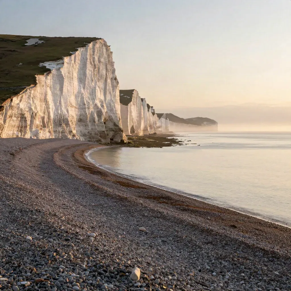 Golden-hour chalk cliffs above a calm shingle coast with misty sea and open shoreline.