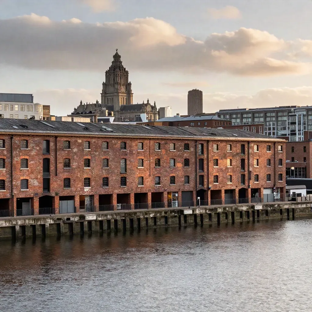 Liverpool dockside warehouses and cathedral silhouette above silver water at dusk