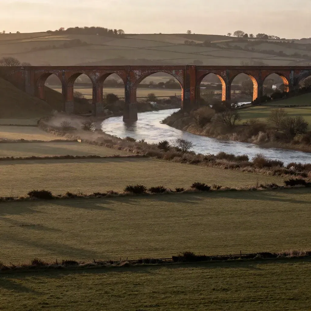 Golden-hour Midlands viaduct over floodplain with fields, haze and calm water