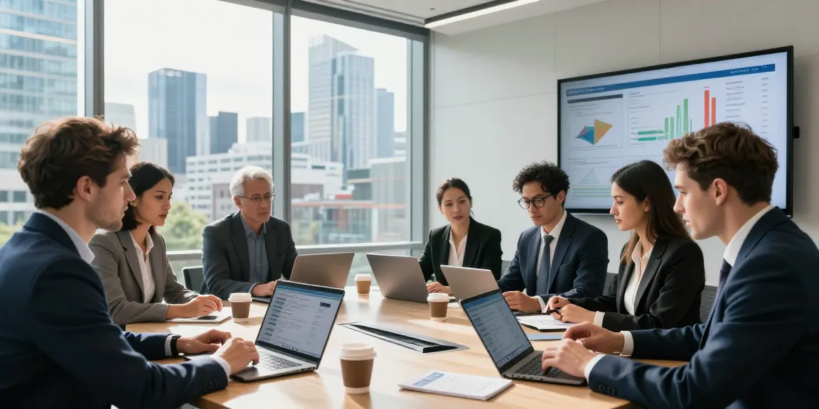 Team discussing business mobile contracts UK in a modern conference room with analytics displayed.