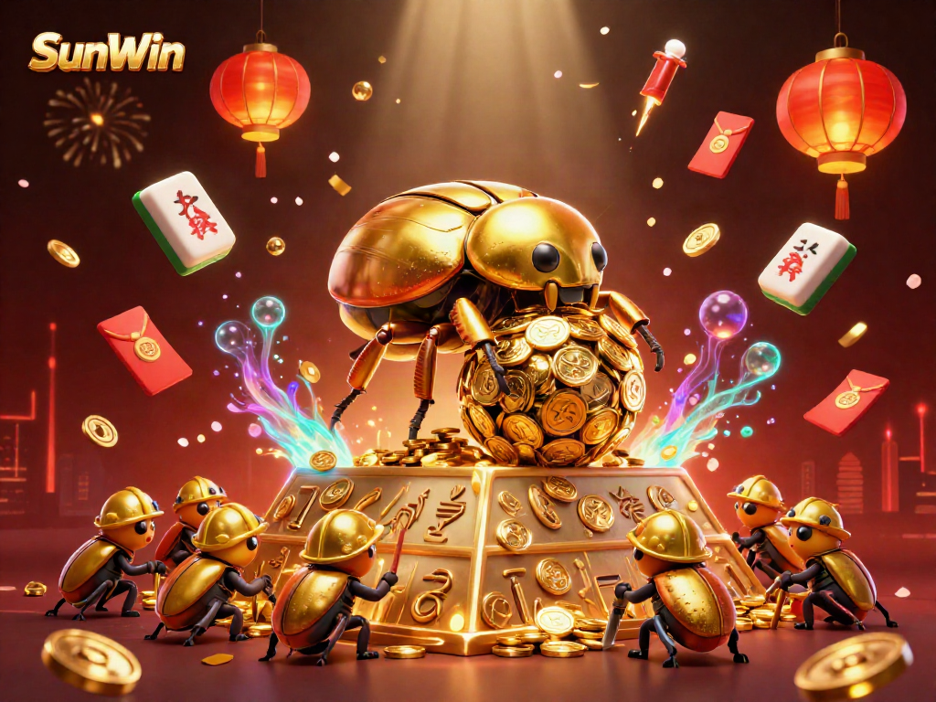 SunWin captures excitement with a vibrant 3D casino scene featuring golden coins and festive elements.