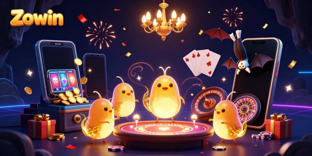 Play Zowin in a vibrant 3D casino scene with glowworms and exciting slot games.