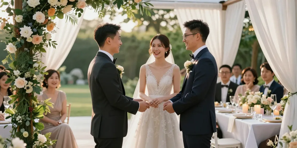 Wedding band for women showcased in an elegant outdoor ceremony scene.