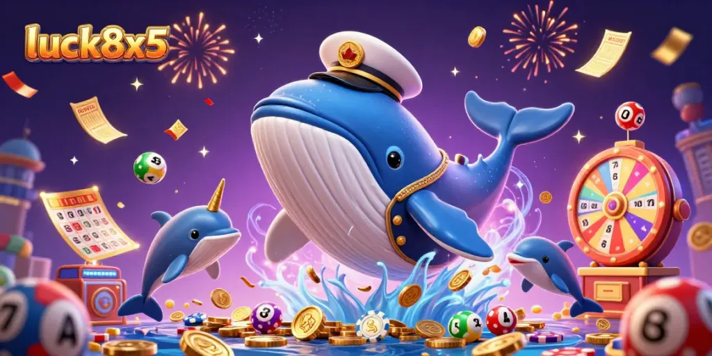 Engage in winning strategies at luck8x5 with a vibrant casino scene featuring a cartoon whale, narwhal, and dolphins.