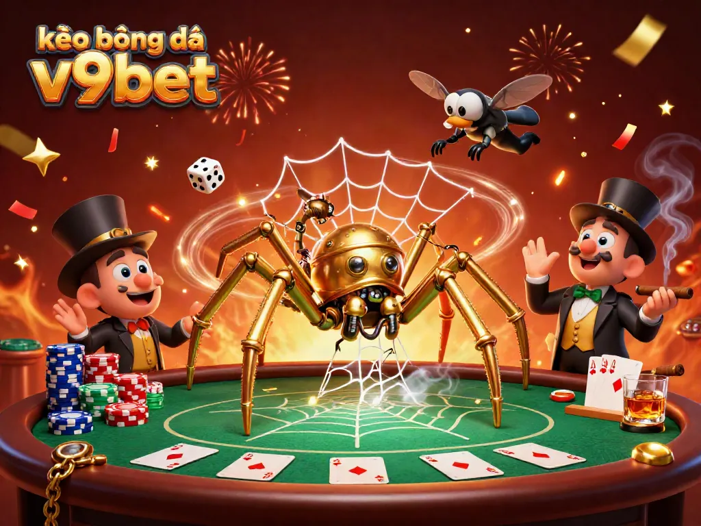 Engage with kèo bóng đá v9bet as a steampunk spider captures dice in a vibrant gambling scene.