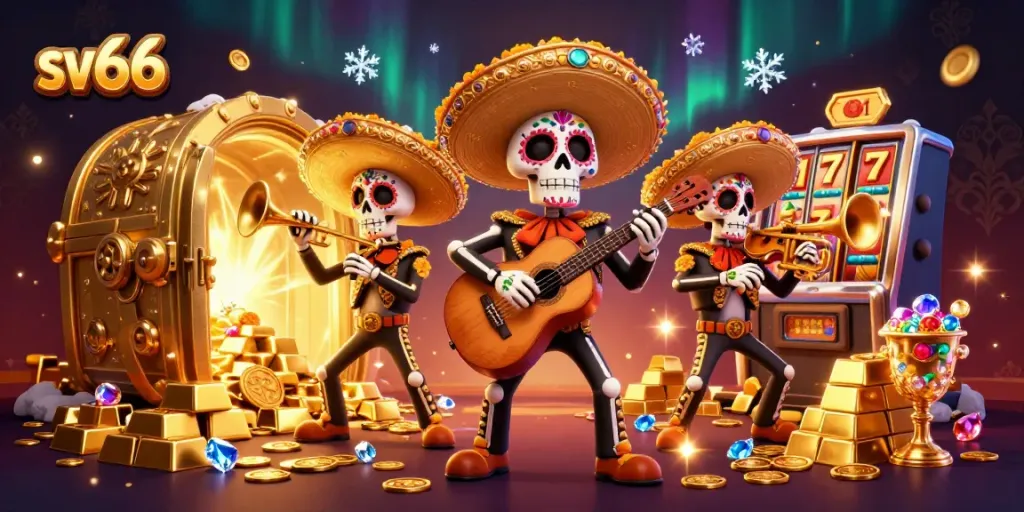 Experience the energetic sv66 casino scene with a vibrant mariachi band amidst gold and slots.