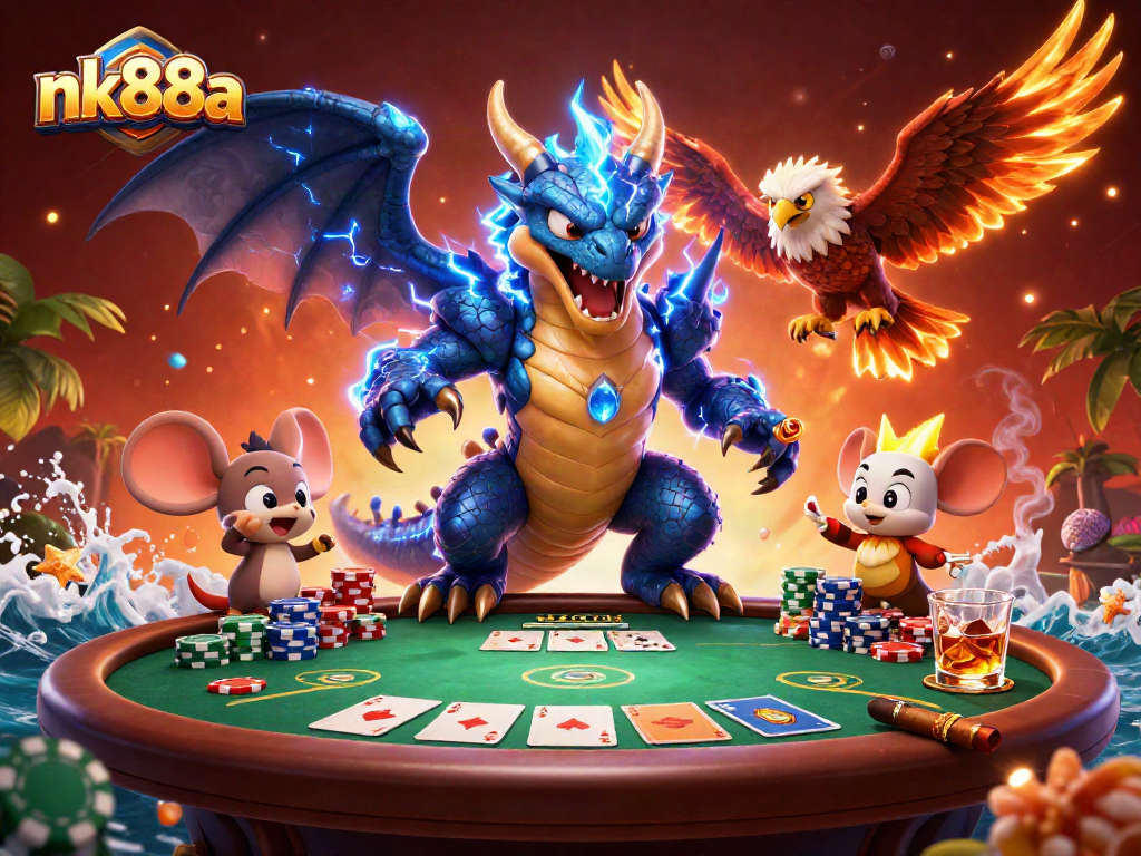 Engage in thrilling poker action with nk88a featuring vibrant characters amidst dynamic gameplay elements.