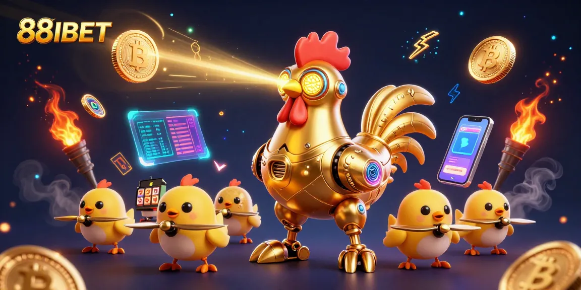 Engage with 88IBET's vibrant casino scene featuring a golden rooster robot and baby chick drones with glowing crypto elements.