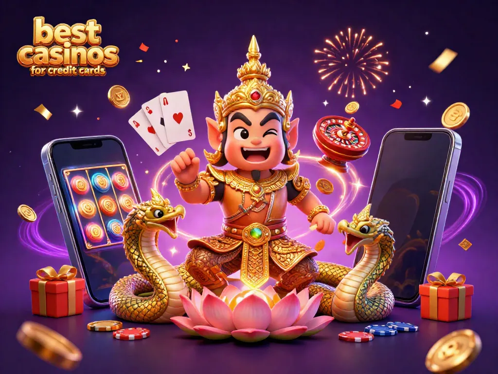 Experience the best casinos for credit cards with vibrant slot games, guardian figures, and festive decorations.