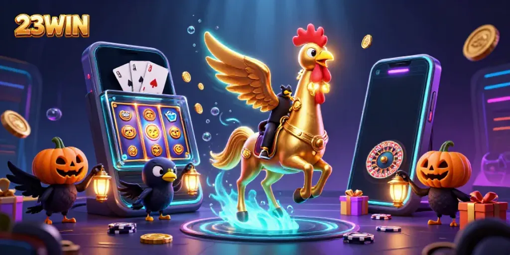 Experience thrilling casino action with the magical 23WIN golden rooster in a vibrant midnight scene.